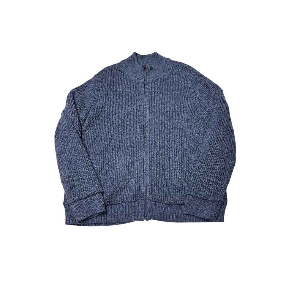 LL Bean Cotton Fleece Lined Cardigan Sweater Blue Mens L-REG Heavyweight